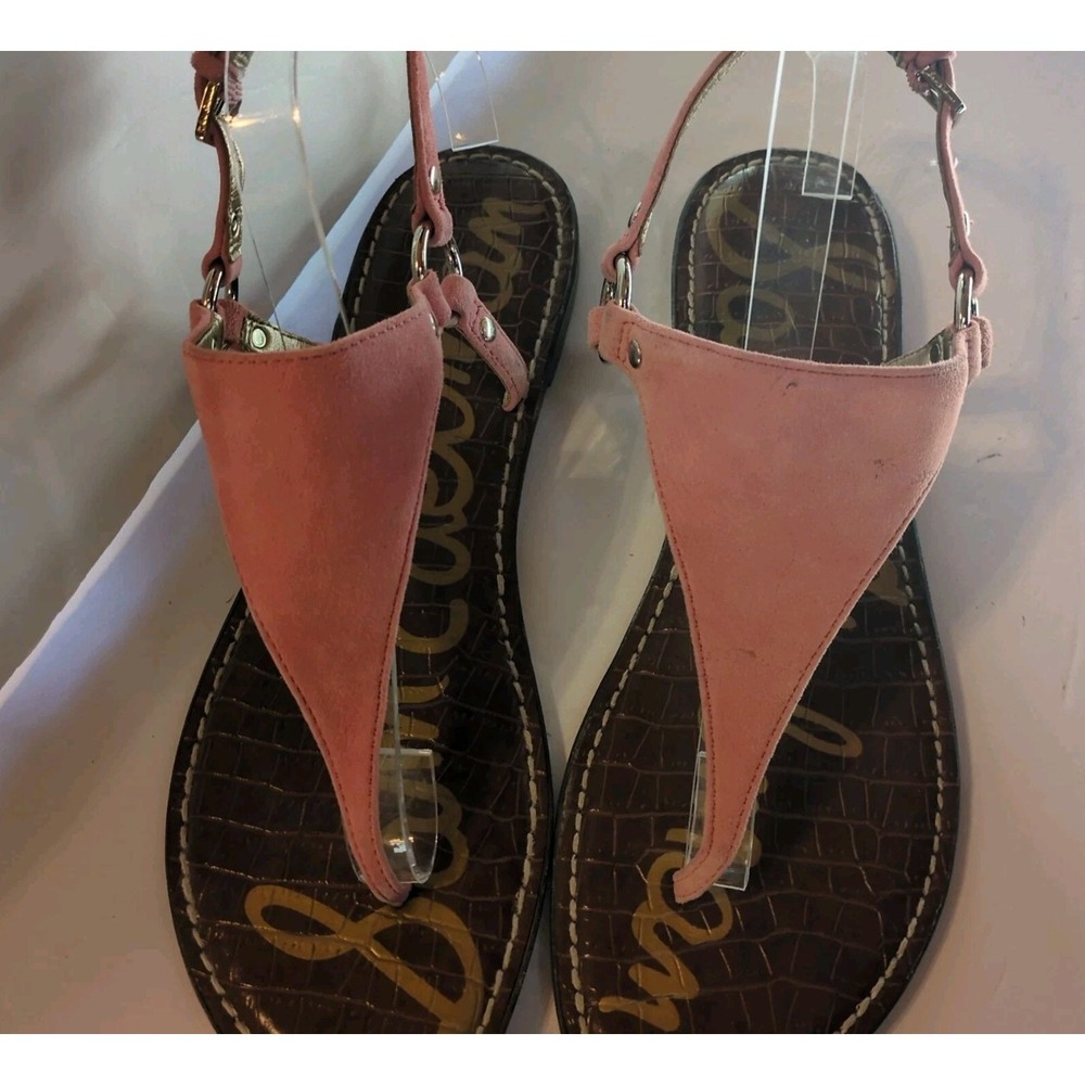 Sam Edelman Greta 10.5 Leather Gigi Adjustable T-Strap Sandals Pink Suede Flat - Picture 2 of 10